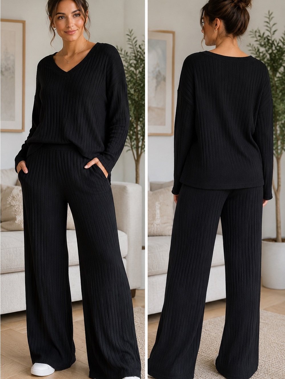 Family Pajamas Black Ribbed Wide-Leg Lounge Pants